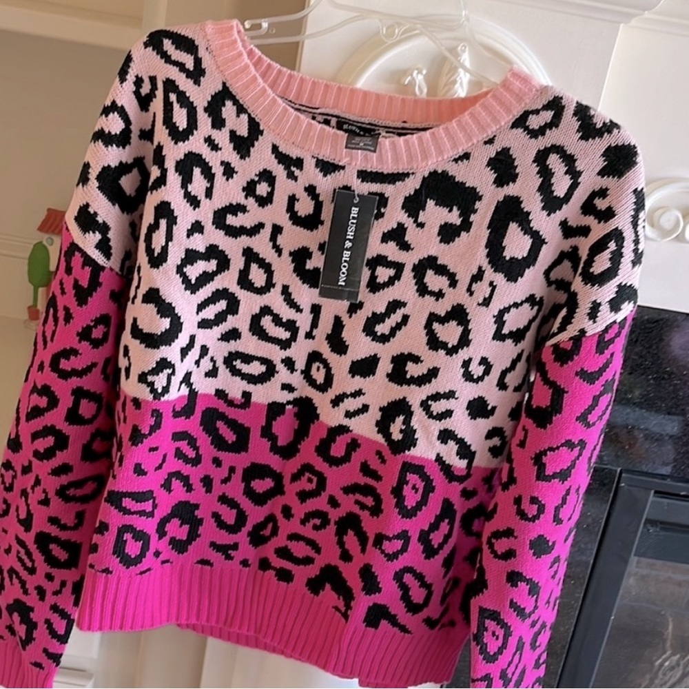 Leopard Print Colorful Sweater Pink Crew Neck New Acrylic Color Block